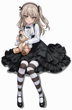 1girl :o aadka5 black_bow black_shoes black_skirt boko_(girls_und_panzer) bow brown_eyes girls_und_panzer grey_hair hairband highres holding long_hair looking_at_viewer shimada_arisu shirt shoes simple_background sitting skirt solo striped_clothes striped_thighhighs stuffed_animal stuffed_toy teddy_bear thighhighs white_background white_shirt