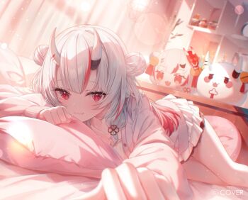 1girl :3 cardigan center-flap_bangs chihiro_ayaka closed_mouth commentary_request copyright_name double_bun dress gradient_hair grey_hair hair_between_horns hair_bun hololive horns indoors long_hair looking_at_viewer lying multicolored_hair nakiri_ayame official_art on_bed oni poyoyo_(nakiri_ayame) reaching reaching_towards_viewer red_eyes red_hair short_dress skin-covered_horns solo streaked_hair two-tone_hair two_side_up virtual_youtuber white_cardigan white_dress