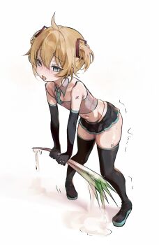 1boy azulasi black_boots black_gloves black_skirt blonde_hair blue_eyes blue_necktie blush boots cosplay crossdressing crossdressing_(mtf) detached_collar elbow_gloves gloves hatsune_miku hatsune_miku_(cosplay) highres kagamine_len male_focus miniskirt navel necktie nose_blush open_mouth pleated_skirt shirt short_hair skindentation skirt sleeveless sleeveless_shirt solo spring_onion thigh_boots trap trembling twintails vocaloid