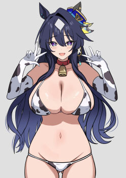 1girl absurdres animal_ears animal_print bare_shoulders bell bikini blue_eyes blue_hair blush breasts bright_pupils cleavage collarbone commentary_request cow_print cow_print_bikini cow_print_gloves cowbell cowboy_shot dixie_cup_hat double_w ear_covers ears_through_headwear elbow_gloves g_bael_suomi gloves gluteal_fold hair_between_eyes hat highres horse_ears horse_girl large_breasts long_hair looking_at_viewer military_hat mole mole_under_eye multicolored_hair navel neck_bell open_mouth print_bikini print_gloves simple_background single_ear_cover single_hair_intake skindentation smile solo stomach streaked_hair swimsuit thighs umamusume verxina_(umamusume) w white_pupils white_streaks