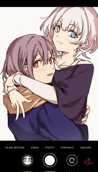 2girls :3 :d artist_name bang_dream! bang_dream!_it&#039;s_mygo!!!!! black_shirt blue_eyes blue_hoodie blush heterochromia highres holding_another&#039;s_waist hood hoodie hug kaname_raana looking_at_viewer medium_hair multiple_girls mygo!!!!!_(bang_dream!) open_mouth purple_hair red_eyes ryow_6 shirt signature simple_background smile takamatsu_tomori v viewfinder white_background white_hair yellow_eyes yellow_hood