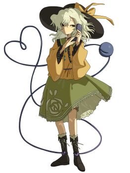 1girl black_boots black_hat boots buttons diamond_button eyeball floral_print frilled_shirt_collar frilled_sleeves frills green_eyes green_hair green_skirt hat hat_ribbon heart heart_of_string highres holding holding_phone komeiji_koishi mozupoko phone ribbon rose_print shirt skirt third_eye touhou white_background yellow_ribbon yellow_shirt