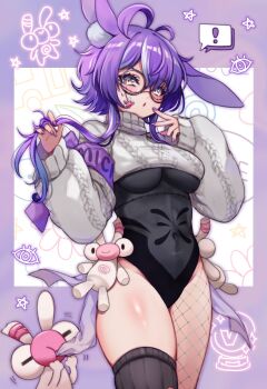 ! 1girl :o absurdres animal_ears arms_up asymmetrical_legwear black_leotard black_thighhighs blush breasts covered_navel cropped_sweater feet_out_of_frame fishnet_thighhighs fishnets groin highres indie_virtual_youtuber jared_(michi_mochievee) leotard long_sleeves looking_at_viewer medium_breasts michi_mochievee michi_mochievee_(bunny) mismatched_legwear purple_background purple_hair purple_nails rabbit_ears rabio_(labi555) red_eyes round_eyewear short_hair_with_long_locks solo spoken_exclamation_mark stitched_face stitches sweat sweater thighhighs virtual_youtuber white_background white_streaks white_sweater yellow_eyes