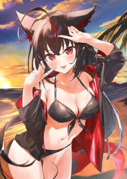 1girl ahoge animal_ear_fluff animal_ear_piercing animal_ears arm_up bare_shoulders beach bikini black_bikini black_hair black_jacket blush braid breasts cleavage closed_mouth cloud collarbone commentary cowboy_shot dark_persona dawn fox_ears fox_girl fox_tail front-tie_bikini_top front-tie_top hands_up highres hololive jacket kasumi_komo kurokami_fubuki large_breasts leaning_forward long_hair long_sleeves looking_at_viewer navel ocean off_shoulder open_clothes open_jacket outdoors red_eyes short_hair sky smile solo stomach string_bikini sunset swimsuit tail thigh_gap tongue tongue_out two-sided_fabric two-sided_jacket virtual_youtuber wet