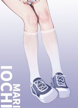 1girl absurdres blue_archive blue_shoes chinese_commentary commentary_request feet feet_only foot_focus highres kneehighs mari_(blue_archive) mari_(track)_(blue_archive) official_alternate_costume painterliuhao shoes sneakers socks solo sweat white_socks