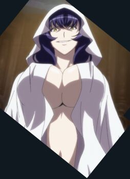 Rule 34 | 1girl, belly, blue hair, breasts, cleavage, covered erect nipples, crazy eyes, covered erect nipples, goddess robe, highres, huge breasts, large nipples, looking at viewer, navel, nipples, open clothes, perky breasts, possessed, presenting, seikon no qwaser, smug, stitched, third-party edit, underboob, uno makoto, wide hips, yamanobe tomo, yellow eyes