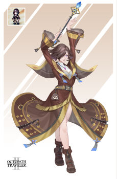 1girl arms_up belt blue_eyes blue_nails boots breasts brown_background brown_belt brown_boots brown_hair brown_robe character_charm charm_(object) commentary_request copyright_name fold-over_boots full_body gem hair_over_one_eye highres holding holding_staff jewelry long_sleeves looking_at_viewer medium_breasts nail_polish necklace octopath_traveler octopath_traveler_ii one_eye_covered open_mouth photo_inset plantar_flexion ptdoge purple_gemstone robe shirt short_hair solo staff standing throne_anguis turtleneck turtleneck_shirt two-tone_background white_background white_shirt wide_sleeves zipper zipper_pull_tab