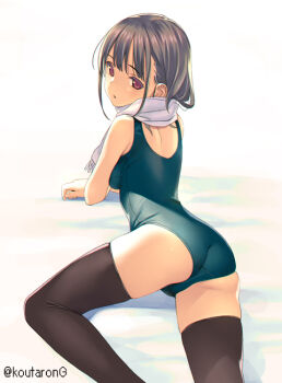 1girl :o ass back backboob bare_shoulders black_thighhighs breasts brown_hair hair_between_eyes koutaro long_hair looking_at_viewer looking_back lying medium_breasts on_stomach original pink_eyes red_eyes scarf school_swimsuit shoulder_blades sidelocks skindentation swimsuit tareme thighhighs thighs
