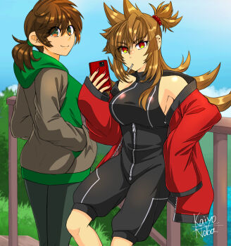 2girls adapted_costume against_railing alternate_costume animification black_bodysuit bodysuit breasts brown_hair commentary cowboy_shot eddsworld ell_(eddsworld) flipped_hair grass green_eyes green_hoodie grey_pants hair_between_eyes hair_bobbles hair_ears hair_ornament hand_up hands_in_pockets highres holding holding_phone hood hood_down hoodie jacket kaiyo_noba large_breasts long_hair looking_at_viewer medium_hair multiple_girls open_clothes open_jacket outdoors pants phone ponytail railing red_eyes red_jacket red_nails ringed_eyes sideboob sidelocks signature sky sleeves_past_fingers sleeves_past_wrists smile topknot tori_(eddsworld) very_long_hair zipper
