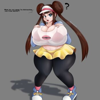 1girl ? absurdres alternate_breast_size_(larger) black_pantyhose blue_eyes bra breasts brown_hair cleavage curvy double_bun full_body grey_background hair_bun highres huge_breasts long_hair long_sleeves midriff navel nintendo omegabean open_mouth pantyhose pokemon pokemon_bw2 red_bra rosa_(pokemon) see-through_clothes see-through_shirt shirt shoes simple_background skirt sneakers solo standing theomegagod thick_thighs thighs twintails two-tone_shirt underwear yellow_skirt