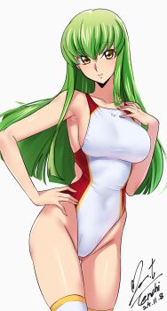 1girl ass breasts c.c. code_geass competition_swimsuit dated gluteal_fold green_hair hand_on_own_hip highleg highleg_one-piece_swimsuit highres large_breasts long_hair one-piece_swimsuit signature simple_background solo swimsuit thigh_gap thighhighs white_background white_one-piece_swimsuit white_thighhighs yellow_eyes yoo_tenchi