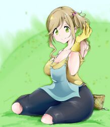 Rule 34 | 1girl, blonde hair, breasts, cleavage, denim, flatpancakesjim, garden, gardening, gloves, green eyes, inuyama aoi, jeans, large breasts, long hair, looking at viewer, outdoors, pants, side ponytail, simple background, sitting, smile, thick thighs, thighs, torn clothes, torn pants, yurucamp