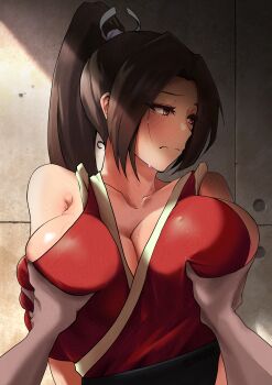 1girl absurdres artist_name bare_shoulders breasts brown_eyes brown_hair cleavage fatal_fury grabbing_another's_breast groping hair_ornament high_ponytail highres huge_breasts japanese_clothes long_hair motoyui ponytail shiranui_mai snk solo_focus the_king_of_fighters varbecrank