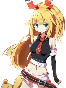 arm_warmers arm_warmers bare_shoulders belly belt blonde_hair breasts crop_top dengekiko green_eyes hairband highres kuromazin19 long_hair medium_breasts midriff navel neptune_(series) plushie ponytail shorts smile stuffed_toy teeth thighs