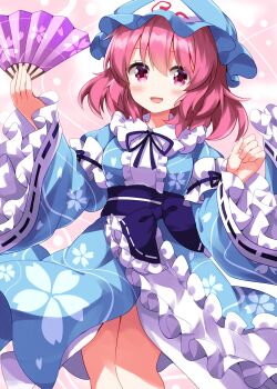 Rule 34 | 1girl, :d, blue hat, blue kimono, blue ribbon, blue sash, blush, center frills, feet out of frame, folding fan, frilled sash, frilled sleeves, frills, hand fan, hat, highres, holding, holding fan, japanese clothes, kimono, long sleeves, looking at viewer, mob cap, neck ribbon, obi, open mouth, pink background, pink eyes, pink hair, ribbon, ribbon-trimmed sleeves, ribbon trim, ruu (tksymkw), saigyouji yuyuko, sash, short hair, smile, solo, standing, touhou, triangular headpiece, wide sleeves
