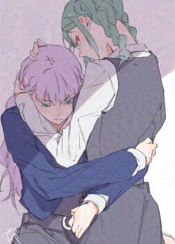 Rule 34 | 2girls, adversarial noise, arms around waist, blue jacket, braid, commentary request, dress, green eyes, green hair, grey dress, highres, hug, jacket, love live!, love live! superstar!!, multiple girls, onitsuka tomari, purple hair, red eyes, school uniform, shirt, surfacedxxc, twin braids, white shirt, wien margarete, yuigaoka school uniform, yuri