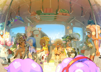 1boy 6+girls agent_3_(splatoon) agent_3_(splatoon_3) agent_8_(side_order) agent_8_(splatoon) big_man_(splatoon) callie_(splatoon) cap'n_cuttlefish captain_3_(splatoon) crown dark-skinned_female dark_skin dedf1sh frye_(splatoon) hay headphones highres inkling inkling_girl inkling_player_character jellyfish_(splatoon) marie_(splatoon) marina_(splatoon) multiple_girls nintendo octoling octoling_girl octoling_player_character pearl_(splatoon) poncho salmonid shiver_(splatoon) shoes sitting smallfry_(splatoon) sneakers splatoon_(series) splatoon_3 splatoon_3:_side_order tentacle_hair train_interior zipsunz