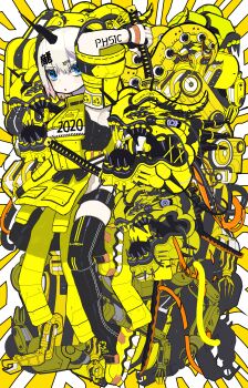 1girl absurdres arm_up armpits black_horns black_thighhighs blue_eyes detached_sleeves full_body highres holding holding_sword holding_weapon horns leg_up machine machinery micro_shorts muzinneki original sharp_teeth shoes short_hair shorts single_horn solo standing sword teeth tentacles thighhighs weapon white_hair yellow_shoes yellow_theme