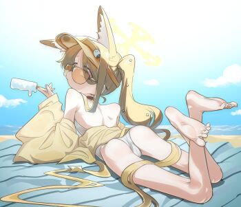 1girl absurdres animal_ears ass bare_legs bare_shoulders barefoot beach beach_towel blonde_hair blue_archive cardigan expressionless feet food fox_ears frogsnake from_behind halo highres holding holding_food holding_popsicle long_hair looking_at_viewer looking_back lying official_alternate_costume on_stomach one-piece_swimsuit open_cardigan open_clothes orange-tinted_eyewear pink_eyes popsicle sand seia_(blue_archive) seia_(swimsuit)_(blue_archive) side_ponytail soles solo sunglasses sunlight swimsuit tinted_eyewear toes towel visor_cap white_one-piece_swimsuit yellow_cardigan