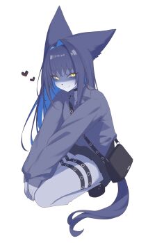 absurdres animal_ears animal_nose astra_chichi bag black_choker black_fur black_hair black_shirt black_skirt blue_hair blush choker closed_mouth colored_inner_hair commentary_request crossed_bangs fang furry furry_female handbag hands_on_own_knees heart highres korean_commentary long_hair long_sleeves looking_at_viewer multicolored_hair namo_(sani_yang's_laboratory) pleated_skirt sani_yang's_laboratory shaded_face shirt simple_background skin_fang skirt slit_pupils squatting tail talesshop thigh_strap thighs white_background wolf_ears wolf_girl wolf_tail yellow_eyes