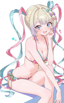 1girl :d alternate_costume bikini blonde_hair blue_bikini blue_bow blue_eyes blue_hair blush bow breasts chouzetsusaikawa_tenshi-chan cleavage collarbone commentary elbow_on_knee feet_out_of_frame frilled_bikini frills gradient_hair hair_bow hair_intakes hair_ornament halterneck hand_on_own_face hand_up happy heart heart_hair_ornament highres inami_(x_spidekawaii_x) knee_up leaning_forward long_hair looking_at_viewer medium_breasts multicolored_bikini multicolored_hair multiple_hair_bows navel needy_girl_overdose open_mouth pink_bikini pink_bow pink_hair purple_bow quad_tails ribbon shadow sidelocks simple_background sitting smile solo stomach swimsuit two-tone_bikini very_long_hair white_background yellow_ribbon