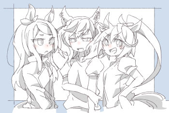 Rule 34 | 3girls, :d, animal ears, beer hsk, blue border, blush, border, bow, commentary request, ear bow, ear ribbon, gym shirt, hair ribbon, hand on own elbow, horse ears, horse girl, horse tail, jacket, long hair, mejiro mcqueen (umamusume), multicolored hair, multiple girls, nice nature (umamusume), open mouth, ponytail, puffy short sleeves, puffy sleeves, ribbon, shirt, short eyebrows, short sleeves, smile, streaked hair, swept bangs, tail, thick eyebrows, tokai teio (umamusume), track jacket, twintails, umamusume, very long hair, white background