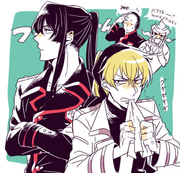 4boys angry badge bak_chang bald black_coat black_eyes black_hair black_hairband black_order_uniform black_shirt blonde_hair border buttons clenched_teeth closed_eyes closed_mouth coat collarbone collared_coat commentary_request cross crossed_arms crying d.gray-man facing_ahead facing_to_the_side facing_viewer frown green_background hair_between_eyes hairband hand_on_own_forehead hand_up headphones high_ponytail holding holding_paper iyo_(kurumiwarin) kanda_yuu limited_palette long_hair long_sleeves looking_at_viewer looking_to_the_side low_twintails male_focus mature_male medium_hair military military_uniform mouth_hold multiple_boys noise_marie old old_man open_clothes open_coat open_mouth outside_border paper parted_lips ponytail profile sammo_han_won shirt shouting sidelocks simple_background streaming_tears striped_coat sweat sweatdrop tears tears_from_one_eye teeth teeth_hold thick_eyebrows turtleneck_coat twintails vertical-striped_coat white_border white_coat