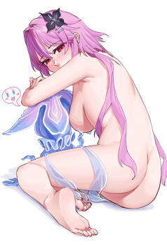 1girl alternate_breast_size_(larger) animalization ass barefoot breasts commentary_request completely_nude evernight_(honkai:_star_rail) feet flower from_behind hair_flower hair_ornament highres honkai:_star_rail honkai_(series) hp1598 jellyfish large_breasts long_hair looking_at_viewer march_7th_(honkai:_star_rail) nude paid_reward_available pink_hair red_eyes simple_background soles toes very_long_hair white_background