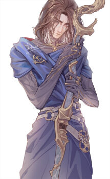 1boy arcane:_league_of_legends arcane_savior_viktor artist_name blue_robe brown_hair closed_mouth cowboy_shot highres holding holding_staff league_of_legends looking_at_viewer mage_staff male_focus mole mole_above_mouth rennerdouz robe signature simple_background skinny solo staff viktor_(arcane) viktor_(league_of_legends) white_background