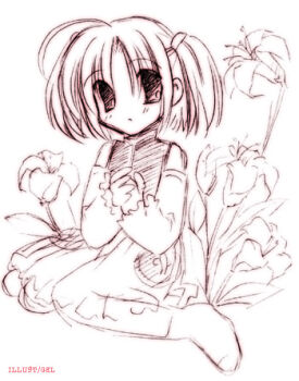 Rule 34 | 1girl, 2000s (style), =3=, ankle socks, artist name, bad id, blush, collared vest, commentary request, cowlick, detached sleeves, english text, expressionless, eyes visible through hair, flower, flower request, frilled skirt, frills, hair tie, hatching (texture), linear hatching, long sleeves, looking at viewer, lowres, miniskirt, moetan, monochrome, navel, nijihara ink, no pupils, own hands together, parted bangs, short hair, simple background, sitting, skirt, socks, solo, two side up, vest, wariza, white background