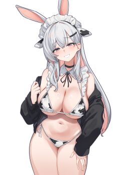 1girl absurdres alpha_transparency animal_ear_hairband animal_ears animal_print aningay bikini black_choker black_jacket black_ribbon breasts character_request choker cleavage colored_inner_hair commentary_request copyright_request cow_ears cow_print cow_print_bikini cowboy_shot detached_collar fake_animal_ears grey_eyes grey_hair hair_ornament hairband hairclip highres jacket korean_commentary large_breasts long_hair looking_at_viewer maid_headdress multicolored_hair navel neck_ribbon off_shoulder open_clothes open_jacket open_mouth pink_hair print_bikini rabbit_ears ribbon side-tie_bikini_bottom solo string_bikini swimsuit transparent_background two-tone_hair white_headdress white_mask