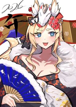 Rule 34 | 1girl, 2026, 360 (taiyo360), :d, absurdres, animal ear fluff, animal ears, arknights, black kimono, blonde hair, blue eyes, breasts, chinese zodiac, cleavage, commentary request, floral print, folding fan, fur collar, hand fan, highres, holding, holding fan, horse ears, japanese clothes, kimono, long hair, medium breasts, open mouth, print kimono, smile, solo, thick eyebrows, upper body, whislash (arknights), white background, year of the horse