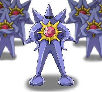 Rule 34 | blurry, blurry background, commentary request, crossed arms, gen 1 pokemon, hands on own hips, highres, mega starmie, mother (series), nintendo, no humans, norigurin, parody, pokemon, pokemon (creature), shadow, starman (mother), starmie