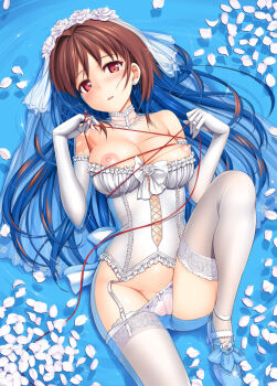 1girl bare_shoulders blush bow bow_panties breasts bridal_veil brown_hair bustier cameltoe cleavage corset earrings elbow_gloves female_focus garter_straps gloves high_heels jewelry koiito_kinenbi lace lace-trimmed_legwear lace_trim large_breasts leg_up lingerie long_hair looking_at_viewer lying navel nipples official_art on_back original ornate_ring panties panty_pull partially_submerged petals red_eyes ring shoes solo string string_of_fate submerged takayaki thighhighs underwear veil water wet wet_clothes white_panties white_thighhighs