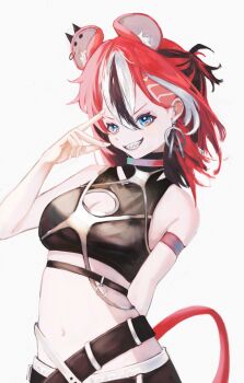 1girl alternate_hair_length_(shorter) animal_ear_fluff animal_ear_piercing animal_ears aqua_eyes arm_behind_back asymmetrical_bangs bare_shoulders black_hair breasts cleavage cleavage_cutout clothing_cutout commentary ear_piercing earrings eyelashes fingernails grin hair_between_eyes hakos_baelz hakos_baelz_(monochrome_dancer) highres hololive hololive_english jewelry medium_hair midriff mouse_ears mouse_girl mouse_tail multicolored_hair official_alternate_costume official_alternate_hairstyle piercing red_hair s41_(misaki_t4) sharp_teeth smile solo tail teeth undercut v-shaped_eyebrows virtual_youtuber white_background white_hair