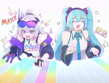 2girls @_@ absurdres aqua_hair aqua_necktie bare_shoulders blue_eyes blue_nails commentary_request crop_top cropped_jacket detached_sleeves eyewear_on_head grey_hair hatsune_miku headset highres honkai:_star_rail honkai_(series) hoyohoyo_ni_shite_ageru infinity_gauntlet kcmc_story long_hair motion_blur multiple_girls necktie panicking piano_keys playing_games ponytail shirt silver_wolf_(honkai:_star_rail) silver_wolf_(lv.999)_(honkai:_star_rail) sleeveless sleeveless_shirt smile twintails very_long_hair vocaloid