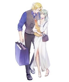 1boy 1girl alternate_costume bag black_pants black_shoes blonde_hair blue_shirt breasts buttons contemporary couple dimitri_alexandre_blaiddyd dimitri_alexandre_blaiddyd_(timeskip) dress eyepatch female_byleth_(awakened)_(fire_emblem) female_byleth_(fire_emblem) fire_emblem fire_emblem:_three_houses food full_body green_eyes green_hair grey_vest hetero high_heels holding holding_bag holding_food holding_ice_cream ice_cream jorim_genshin01 long_sleeves looking_at_another medical_eyepatch medium_hair nintendo official_alternate_eye_color official_alternate_hair_color pants paper_bag shirt shoes shoulder_bag simple_background sleeves_rolled_up standing vest white_background white_dress