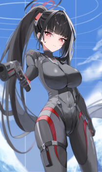 Rule 34 | 1girl, absurdres, aiming, aiming at viewer, black bodysuit, black hair, black halo, blue archive, blue sky, blunt bangs, blurry, blush, bodysuit, breasts, bright pupils, buckle, closed mouth, commentary, covered navel, day, depth of field, finger on trigger, floating hair, gang ryeol, gun, hair intakes, halo, handgun, head tilt, headgear, highres, holding, holding gun, holding weapon, holster, large breasts, long hair, looking at viewer, m1911, millennium science school logo, multicolored bodysuit, multicolored halo, official alternate costume, ponytail, red eyes, ringed eyes, rio (armed) (blue archive), rio (blue archive), sidelocks, sky, snap-fit buckle, solo, standing, strap, thigh holster, thigh strap, thighs, two-tone bodysuit, two-tone halo, very long hair, weapon, white pupils