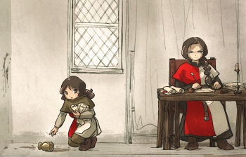2girls angry belt braid brown_belt brown_eyes brown_footwear brown_hair candlestand chair commentary dress english_commentary glaring highres ironlily kneeling lady_merle_(ironlily) long_braid looking_at_viewer multiple_girls ordo_mediare_sisters_(ironlily) paper_stack parchment red_dress single_braid spill table wax_seal white_dress window wooden_chair wooden_table writing