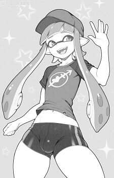 1boy absurdres bulge commission cowboy_shot dated greyscale hat highres inkling inkling_boy inkling_player_character male_focus midriff monochrome navel nintendo open_mouth pointy_ears shirt short_shorts shorts skibby smile solo splatoon_(series) squid squid_boy star_(symbol) star_symbol_background t-shirt tentacle_hair trap waving