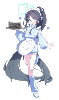 1girl 525_woiwo :d absurdly_long_hair absurdres ahoge alternate_costume apron aris_(blue_archive) aris_(maid)_(blue_archive) back_bow bandaid bandaid_on_knee bandaid_on_leg bandaid_on_thigh black_hair blue_archive blue_eyes blue_hair blue_halo blue_jacket blue_socks bow commentary enmaided frilled_apron frills full_body geforce_rtx_4090 gradient_hair graphics_card halo heart high_ponytail highres holding holding_tray jacket jersey_maid kneehighs long_hair looking_at_viewer loose_socks maid maid_apron maid_headdress multicolored_hair nvidia one_eye_closed open_mouth ponytail rectangular_halo ringed_eyes shoes simple_background smile sneakers socks solo standing symbol-only_commentary tenshi_kaiwai track_jacket tray unconventional_maid very_long_hair waist_apron white_background white_bow white_shoes