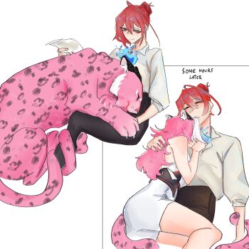 2girls ahoge animal_ear_fluff animal_ears blue_fire blue_hair collared_shirt elizabeth_rose_bloodflame fire fire_on_chest highres hololive hololive_english long_hair multicolored_hair multiple_girls panther panther_ears panther_girl panther_tail pink_hair raora_panthera red_eyes red_hair shirt sleeping sleeping_on_person streaked_hair tail tibetanyakart virtual_youtuber white_background yuri