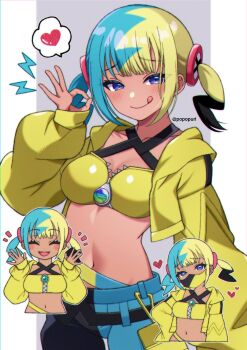 1girl :d :q ^_^ aqua_hair bandeau black_hair black_mask blonde_hair blue_eyes blush breasts canari_(pokemon) closed_eyes collarbone commentary_request dark-skinned_female dark_skin highres jacket looking_at_viewer mask medium_breasts mouth_mask multicolored_hair multiple_views nintendo open_mouth pokemon pokemon_legends:_z-a popo_(popopuri) smile tongue tongue_out twintails twitter_username two-tone_mask upper_body yellow_bandeau yellow_jacket yellow_mask