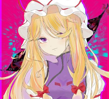 Rule 34 | 1girl, blonde hair, closed mouth, comkdom, commentary request, dress, gap (touhou), hair ribbon, hat, light smile, long hair, long sidelocks, looking at viewer, mob cap, one eye covered, pink background, purple eyes, purple tabard, ribbon, sidelocks, solo, tabard, touhou, upper body, white dress, yakumo yukari