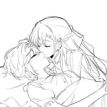 2girls anisphia_wynn_palettia closed_eyes euphyllia_magenta greyscale hair_ribbon highres kaeshi_(yuukaeshi) kiss kissing_cheek long_hair medium_hair monochrome multiple_girls parted_lips ribbon short_sleeves tears tensei_oujo_to_tensai_reijou_no_mahou_kakumei under_covers yuri