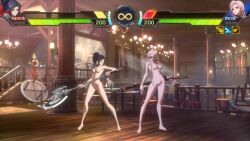 2girls 3d animated axe blue_hair bound breasts captured chain dnf_duel dungeon_and_fighter female_priest_(dungeon_and_fighter) female_slayer_(dungeon_and_fighter) grey_eyes highres inquisitor_(dungeon_and_fighter) multiple_girls nipples nude nude_filter nude_mod pink_hair ponytail red_eyes sound spectre_(dungeon_and_fighter) sunglasses sword tagme third-party_edit video weapon