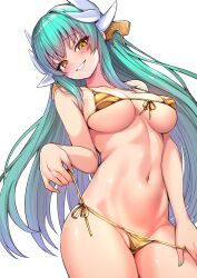 Rule 34 | 1girl, absurdres, aqua hair, bikini, blush, breasts, cleavage, dragon girl, dragon horns, fate/grand order, fate (series), gold bikini, green hair, highres, horns, kiyohime (fate), long hair, looking at viewer, medium breasts, multiple horns, shiny swimsuit, simple background, smile, solo, stomach, string pull, swimsuit, wisespeak, yellow eyes