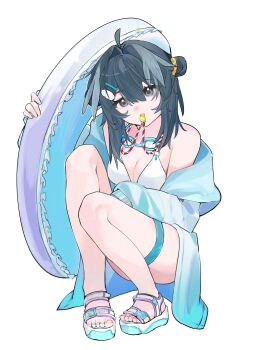 1girl absurdres ahoge arknights bikini black_eyes black_hair blue_coat blue_sandals breasts chinese_commentary cleavage coat commentary_request full_body goggles goggles_around_neck hair_between_eyes hair_intakes highres holding holding_swim_ring innertube la_pluma_(arknights) la_pluma_(summer_flowers)_(arknights) looking_at_viewer medium_breasts medium_hair mouth_hold off_shoulder official_alternate_costume sandals solo squatting sui_er_tong swim_goggles swim_ring swimsuit thigh_strap toenails toes whistle white_bikini white_sandals