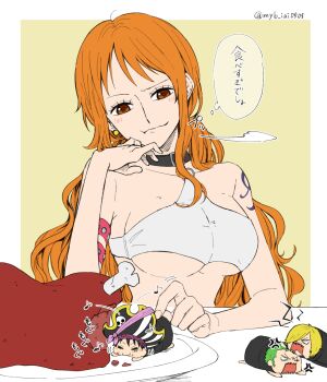 1girl 3boys anger_vein arm_strap bare_arms bare_shoulders black_choker black_hair blonde_hair boned_meat breasts brown_hair choker closed_eyes closed_mouth collarbone earrings eating elbow_rest food green_hair hat highres jewelry large_breasts light_blush long_hair looking_at_another low_twintails lying m_(user_gjgn8588) meat midriff mini_person miniboy monkey_d._luffy multiple_boys musical_note nami_(one_piece) official_alternate_costume official_alternate_hairstyle on_stomach one_piece one_piece_film:_red open_mouth orange_hair pirate_hat plate puff_of_air roronoa_zoro sanji_(one_piece) shoulder_tattoo single_sidelock speech_bubble strapless table tattoo translation_request tube_top twintails twitter_username underboob upper_body wavy_hair white_tube_top
