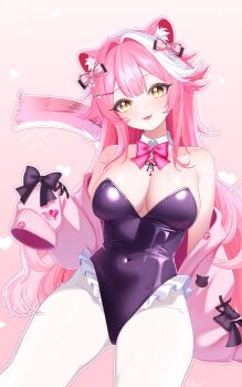1girl :3 :d absurdres animal_ears bare_shoulders black_leotard bow bowtie breasts cardigan cardigan_partially_removed center-flap_bangs cleavage commentary covered_navel cross-laced_clothes cross-laced_sleeves detached_collar double-parted_bangs english_commentary felixkohai frilled_leotard frills gluteal_fold hair_bow hair_ornament hairclip highleg highleg_leotard highres hololive hololive_english large_breasts leotard long_hair looking_at_viewer open_mouth panther_ears panther_girl panther_tail pantyhose pink_bow pink_bowtie pink_cardigan pink_hair playboy_bunny raora_panthera sidelocks sitting sleeves_past_fingers sleeves_past_wrists slit_pupils smile solo tail very_long_hair virtual_youtuber white_pantyhose white_streaks yellow_eyes